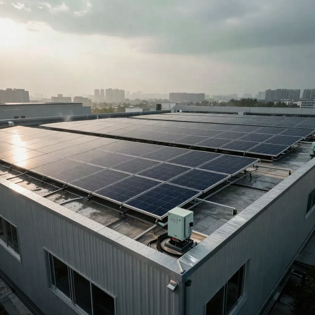 Tetto logistico con impianto fotovoltaico bagnato dalla pioggia e foschia urbana all’alba