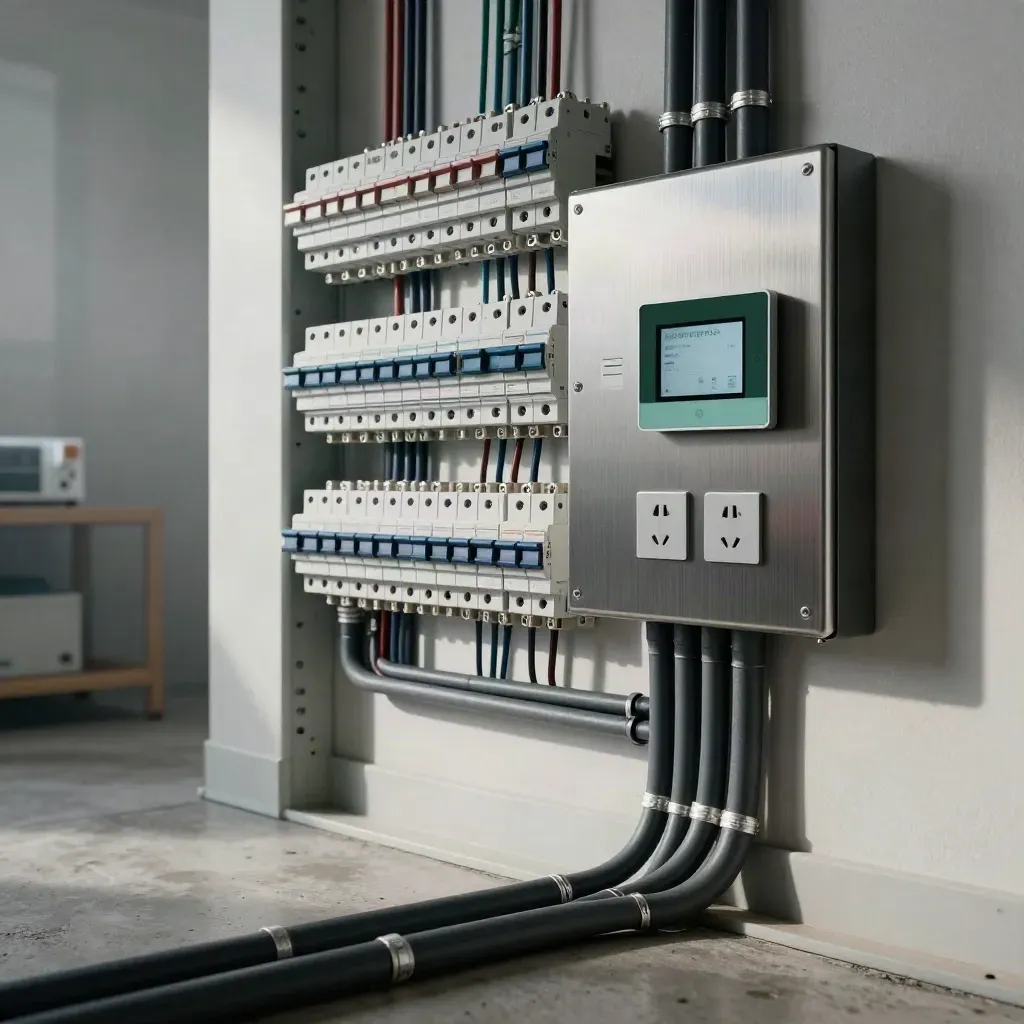 Locale tecnico domestico ordinato con quadro elettrico smart, termostato e prese intelligenti.