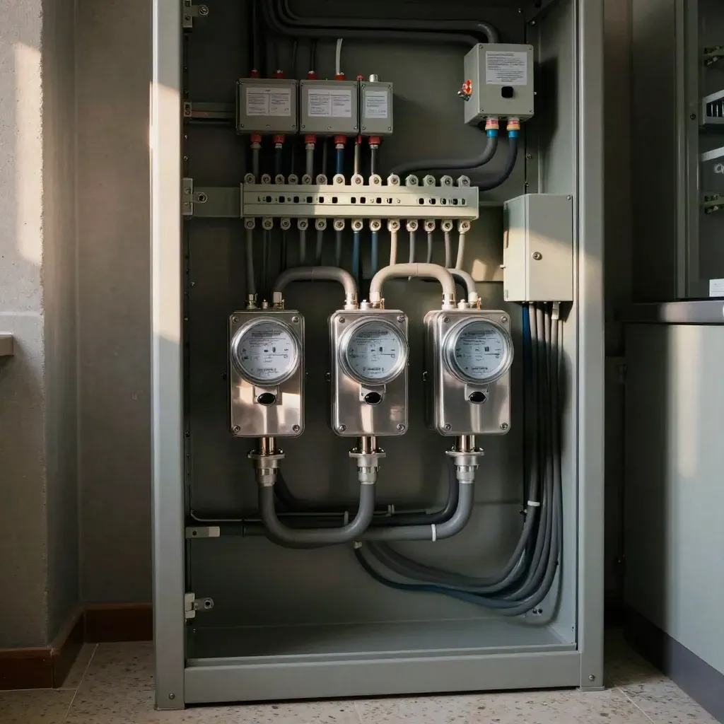 Locale tecnico con sottometer trifase e cablaggi ordinati, luce calda e polvere in controluce.