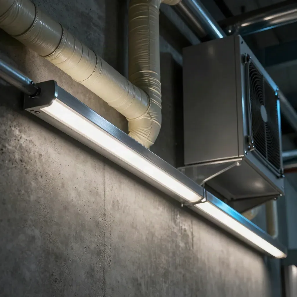 Interno industriale con LED accesi, condotte isolate e unità HVAC pulite in luce tecnica.
