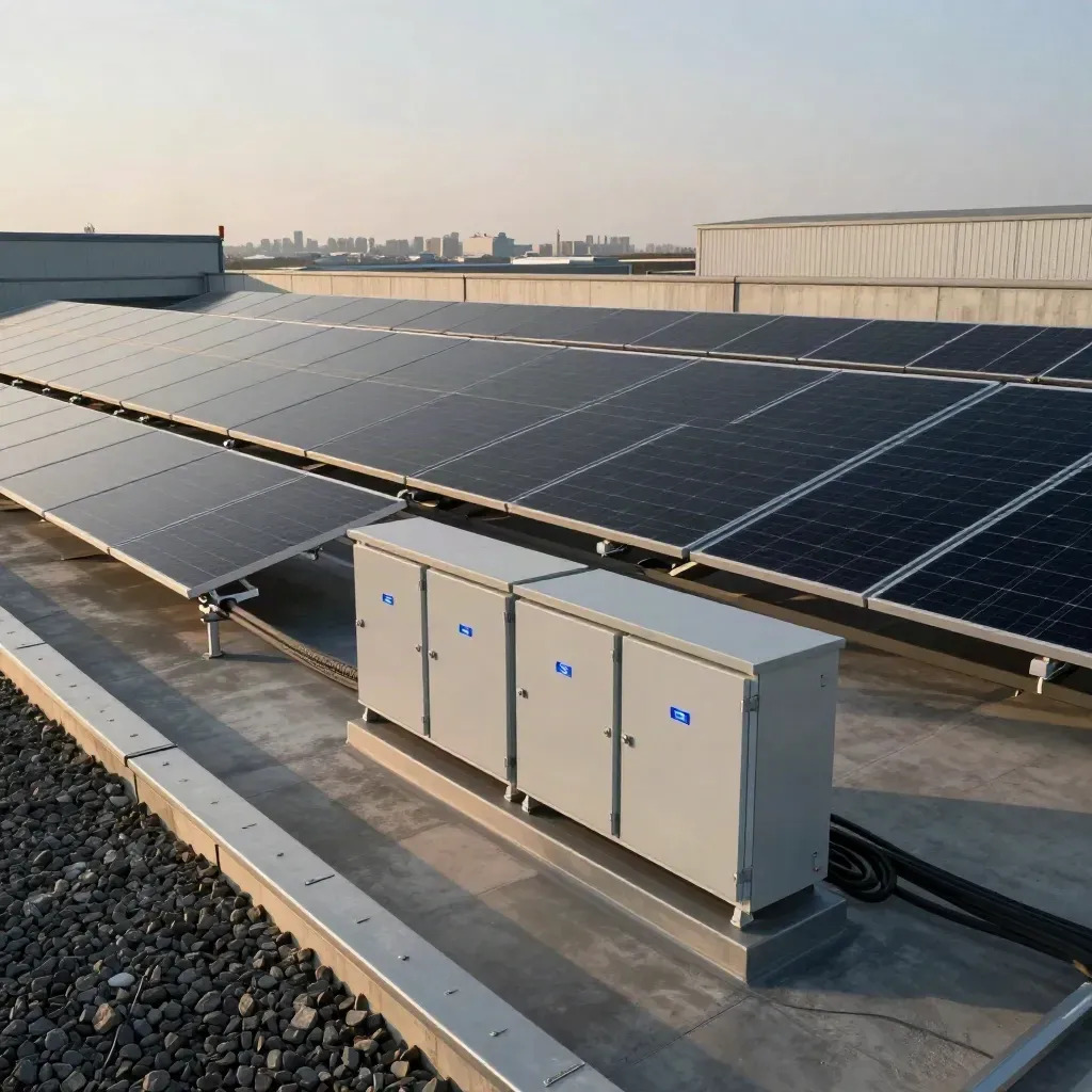Tetto di capannone con pannelli fotovoltaici e inverter allineati sotto luce mattutina.
