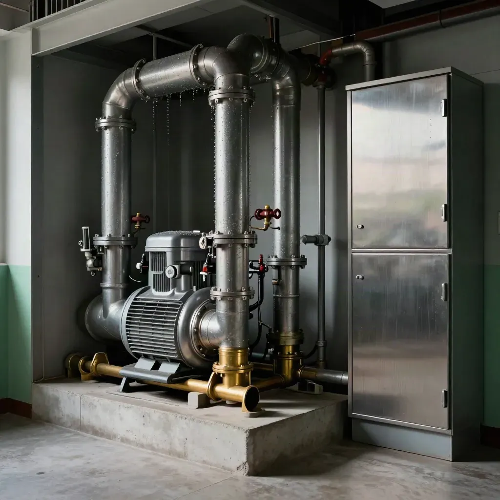 Locale tecnico condominiale con pompe e collettori in funzione, dopo la manutenzione.
