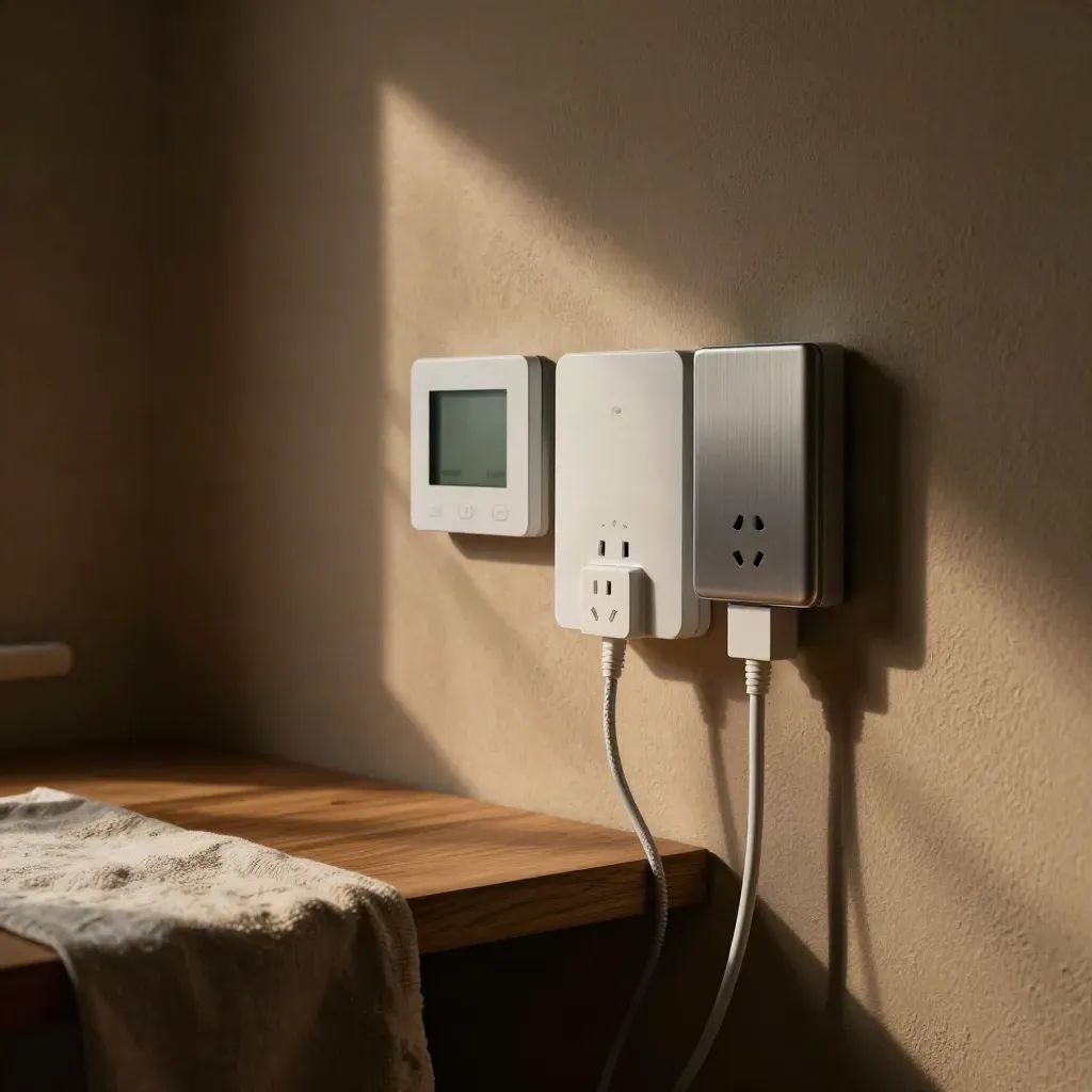 Nicho domestico con gateway energia, termostato, batteria compatta e prese smart ordinate.
