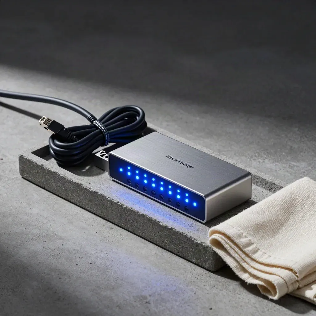 Gateway di monitoraggio con LED, cavo arrotolato e relè su vassoio di pietra.