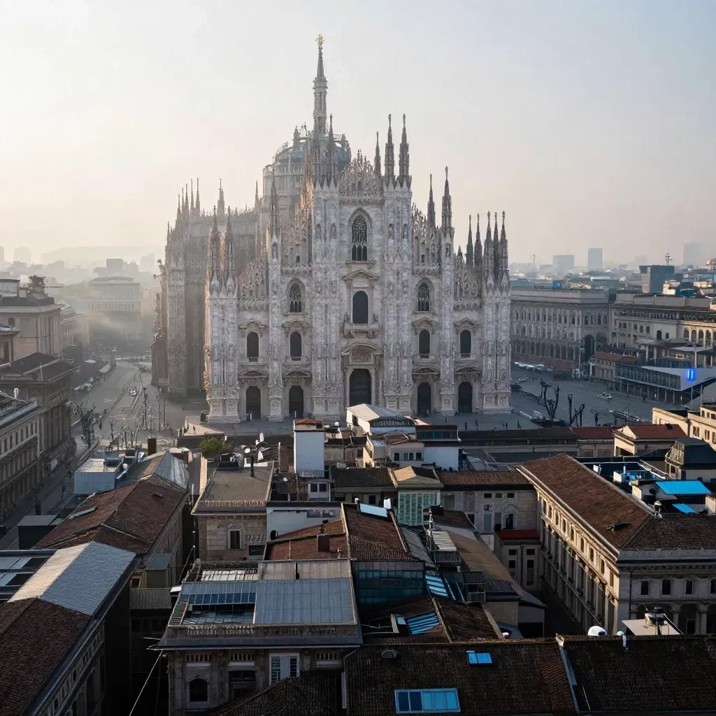 Milano all’alba con il Duomo alto tra i tetti nella foschia