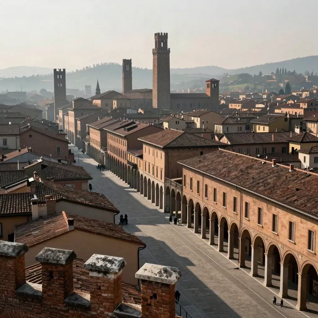 Vista ampia dei portici di Bologna e delle torri, con colline morbide e luce calda in foschia.