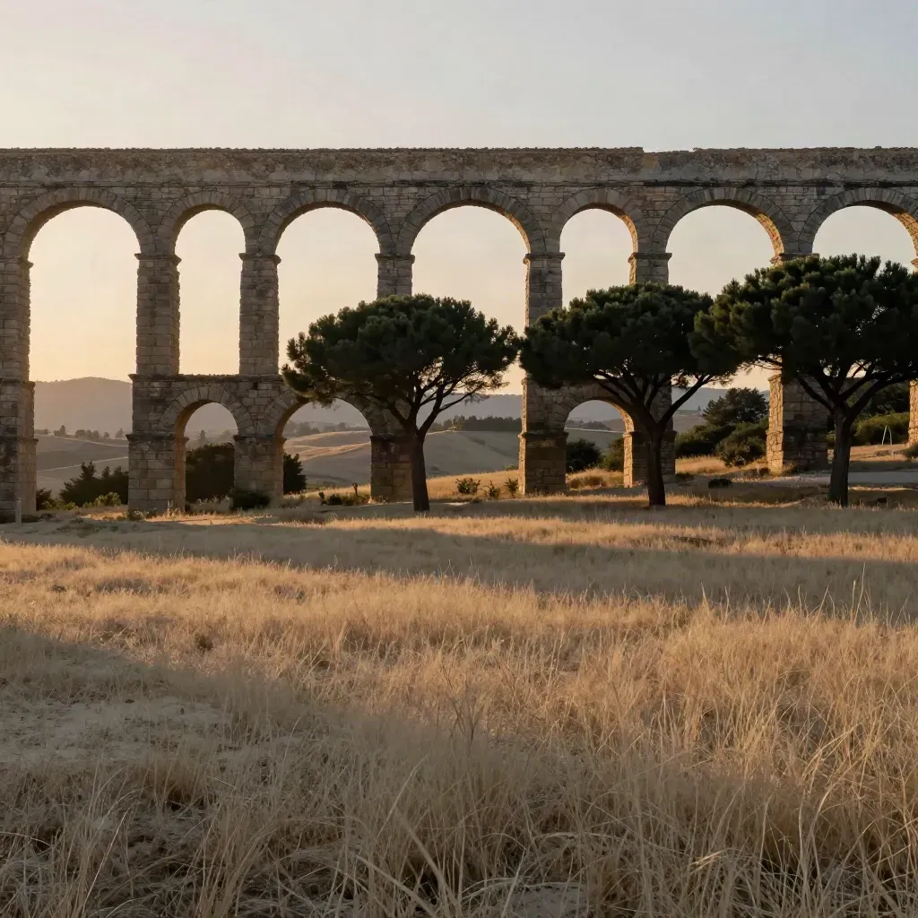 Acquedotti romani e pini nel Lazio al tramonto, con spazio vuoto in basso per il testo.