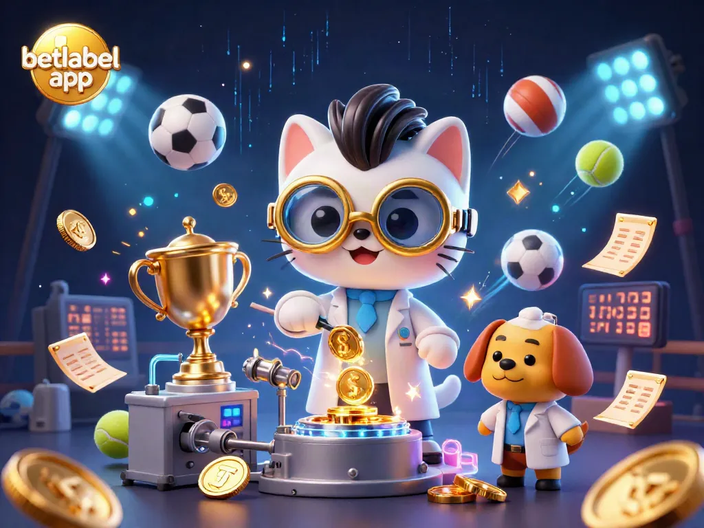 Engage with the dynamic betlabel app, featuring a mad scientist cat and assistant in a vibrant sports betting scene.